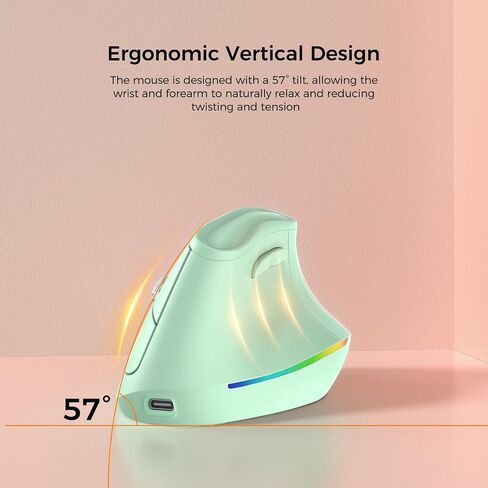 KYSONA 57° Wireless Ergonomic Mouse, Vertical Mouse, Carpal Tunnel Mouse, RGB Light, Rechargeable, Bluetooth & 2.4G, 5-Level DPI Adjustment, Quiet Click Ergo Mice Compatible with PC/Laptop/Mac, Green in Kuwait