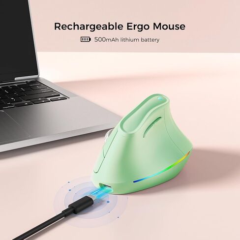 KYSONA 57° Wireless Ergonomic Mouse, Vertical Mouse, Carpal Tunnel Mouse, RGB Light, Rechargeable, Bluetooth & 2.4G, 5-Level DPI Adjustment, Quiet Click Ergo Mice Compatible with PC/Laptop/Mac, Green in Kuwait