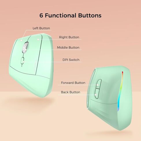 KYSONA 57° Wireless Ergonomic Mouse, Vertical Mouse, Carpal Tunnel Mouse, RGB Light, Rechargeable, Bluetooth & 2.4G, 5-Level DPI Adjustment, Quiet Click Ergo Mice Compatible with PC/Laptop/Mac, Green in Kuwait