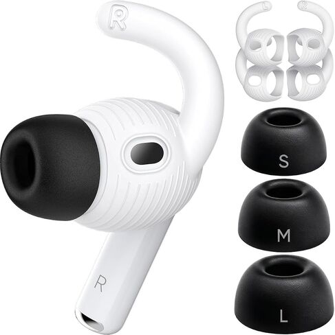 Memory Foam Ear Tips & Ear Hooks for AirPods Pro 3 (2025),Anti-Slip Sport Ear Tips Accessories Compatible with Apple AirPods Pro 3rd Generation (S/M/L Black Buds, 2 Pairs White Hooks) in Saudi Arabia