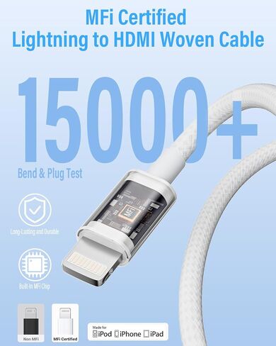 [Apple MFi Certified] Lightning to HDMI Adapter 10ft Cable, 1080P HD Sync Screen Mirroring for iPhone/iPad to TV/Monitor/Projector, Plug & Play No Power Required, iOS-Compatible Digital AV Connector in Saudi Arabia