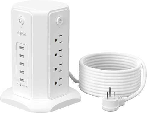 Surge Protector Tower Power Strip 15 ft, NTONPOWER Multiple Outlets Extension Cord with 8 Outlets 5 USB Charging Station, Individual Switch, Flat Plug, Circuit Breaker for Home Office Dorm Room White in Kuwait
