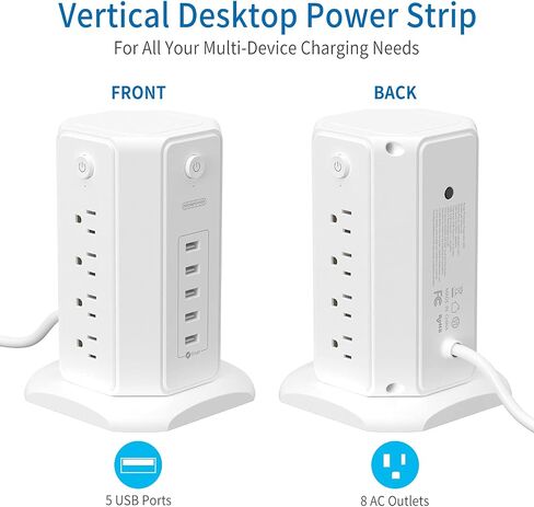 Surge Protector Tower Power Strip 15 ft, NTONPOWER Multiple Outlets Extension Cord with 8 Outlets 5 USB Charging Station, Individual Switch, Flat Plug, Circuit Breaker for Home Office Dorm Room White in Kuwait