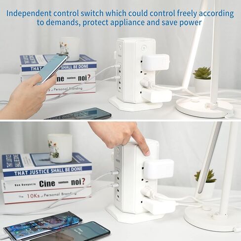 Surge Protector Tower Power Strip 15 ft, NTONPOWER Multiple Outlets Extension Cord with 8 Outlets 5 USB Charging Station, Individual Switch, Flat Plug, Circuit Breaker for Home Office Dorm Room White in Kuwait