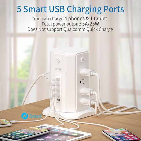 Surge Protector Tower Power Strip 15 ft, NTONPOWER Multiple Outlets Extension Cord with 8 Outlets 5 USB Charging Station, Individual Switch, Flat Plug, Circuit Breaker for Home Office Dorm Room White in Kuwait