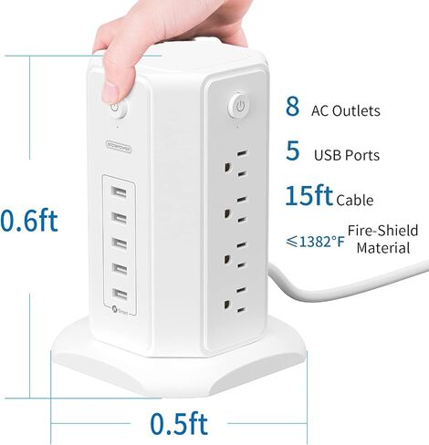 Surge Protector Tower Power Strip 15 ft, NTONPOWER Multiple Outlets Extension Cord with 8 Outlets 5 USB Charging Station, Individual Switch, Flat Plug, Circuit Breaker for Home Office Dorm Room White in Kuwait