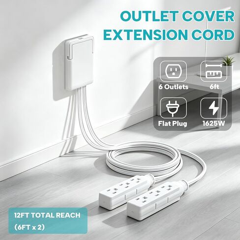 6FT Outlet Cover Extension Cord with Flat Wall Plug, Dual Flat Plug Power Strip with 6 Outlets, Ultra Thin Concealer Power Strip for Kitchen Home Office, Child & Pet Safe, 1625W White in Saudi Arabia