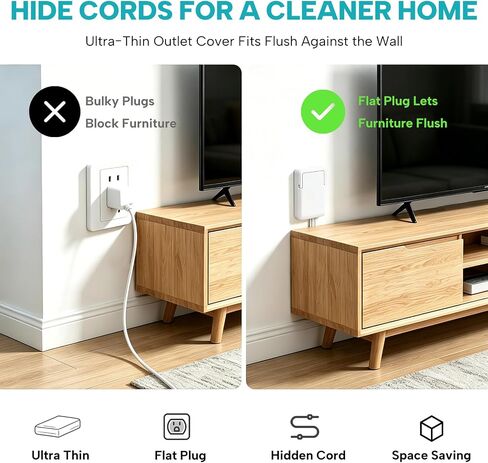 6FT Outlet Cover Extension Cord with Flat Wall Plug, Dual Flat Plug Power Strip with 6 Outlets, Ultra Thin Concealer Power Strip for Kitchen Home Office, Child & Pet Safe, 1625W White in Saudi Arabia