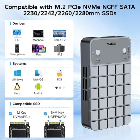MAIWO Dual Bay RAID Enclosure for M.2 NVMe SATA SSD with Clone RAID 0 RAID 1, USB C 3.2 GEN2x2 20Gbps, M.2 SSD Cloner Duplicator with Cooling Fan, Dual Data Cables, 5V 3A Power Adapter, Aluminum in Kuwait
