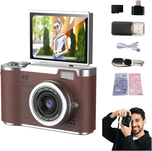 4K Foldable Screen Student Camera, Include Charging Cable, Manual, Card Reader, Memory Card, Hanging Rope with 32g Card+Card Reader+Converter (Pink - Flip Screen) in Kuwait