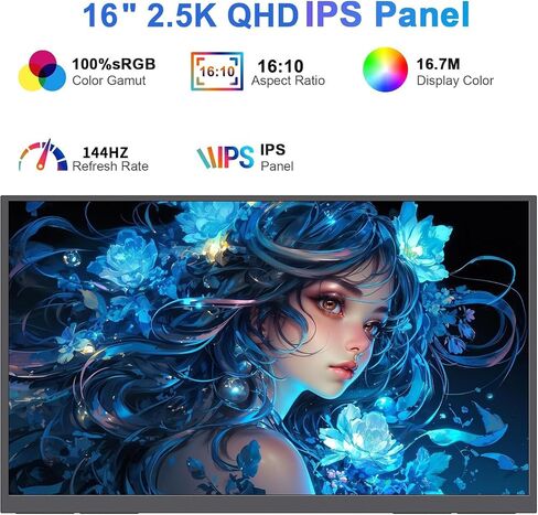 16" 2.5K 144Hz Portable Gaming Monitor 16:10 HDR Eye Careful,100% sRGB QHD2560x1600 Ultra-clear IPS Portable Monitor for Laptop with Built-in Speakers,External Second Screen for PC Phone Game Console in Saudi Arabia