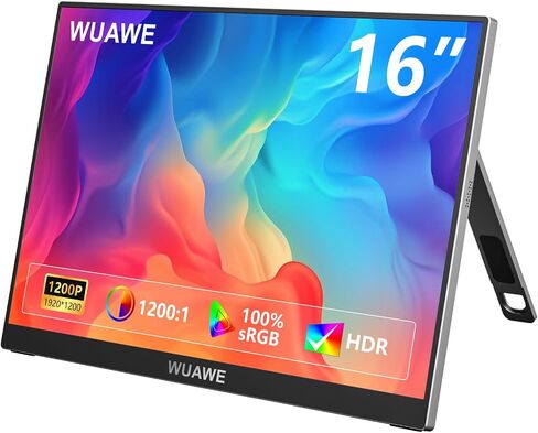WUAWE Portable Monitor 16" 1920x1200P 16:10 IPS Travel Monitor for Laptop with Built-in Stand, 100% sRGB Control USB-C HDMI,HDR Freesync Display, Plug&Play for Phone PS5 Switch(Black) in Kuwait