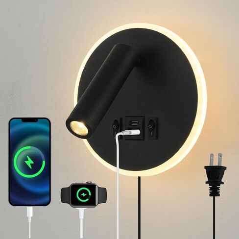 Black Wall Sconce Plug in, Headboard Lamp with USB C+A Charging Ports, Wall Mounted Reading Lights 350°Rotation, Bedside Light with 3 Color Temperature, Wall Lamps for Bedroom Living Room in Kuwait