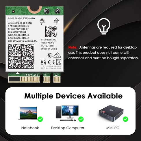 WAVLINK WiFi 6E Wireless Card with Bluetooth 5.3, 2026 Tri-Band AXE5400 NGW Network Card, Intel AX210, Ultra-Low Latency, Support Windows 10/11 (64bit), Linux, M.2/NGFF in Kuwait