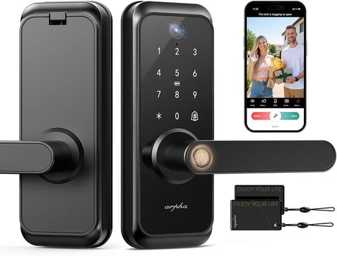 WiFi Video Smart Lock with Camera & Handle - 6-in-1 Keyless Entry (Fingerprint/App/Keypad/FOB/Key), Electric Deadbolt Door Knob for Front, Built-in WiFi, 2-Way Audio, Auto-Lock, Waterproof - Black in Saudi Arabia