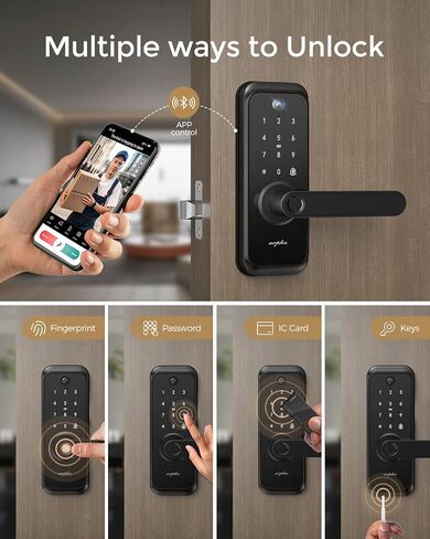 WiFi Video Smart Lock with Camera & Handle - 6-in-1 Keyless Entry (Fingerprint/App/Keypad/FOB/Key), Electric Deadbolt Door Knob for Front, Built-in WiFi, 2-Way Audio, Auto-Lock, Waterproof - Black in Saudi Arabia