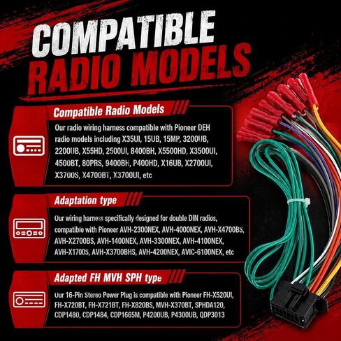 16-Pin Car Radio Wiring Harness,Automotive Stereo Wiring Harness for Connecting Stereo to Car Electrical System,Wirings Harnesses Compatible with Pioneer DEH AVH AVIC MVH FH SPH in Saudi Arabia