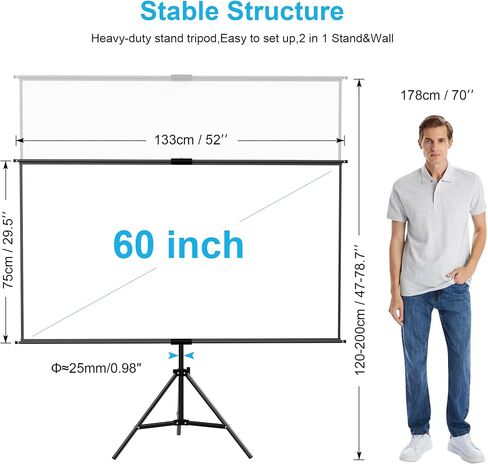 60 Inch Portable Projector Screen with Tripod Stand, Compact Mobile Projection Screen for Small Spaces, Height Adjustable and Wrinkle-Free for Indoor Outdoor Camping and Office Use in Kuwait