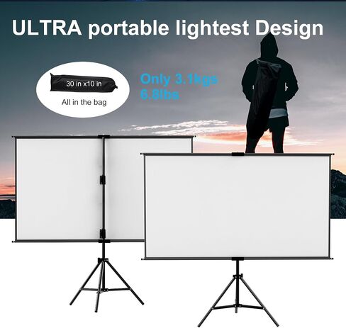 60 Inch Portable Projector Screen with Tripod Stand, Compact Mobile Projection Screen for Small Spaces, Height Adjustable and Wrinkle-Free for Indoor Outdoor Camping and Office Use in Kuwait