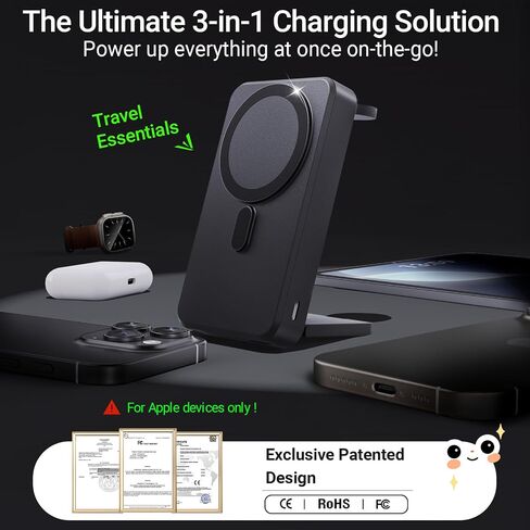Kysson 5-in-1 Portable Charger,10000mAh Foldable Power Bank Fast Charging,MagSafe Charger Battery Pack Magnetic,Travel Wireless Charging Station for iPhone 17/16/15/14/13/12,iWatch,Air pods, Black in Kuwait