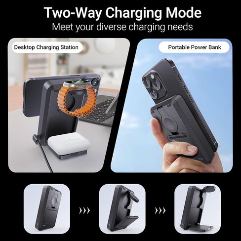 Kysson 5-in-1 Portable Charger,10000mAh Foldable Power Bank Fast Charging,MagSafe Charger Battery Pack Magnetic,Travel Wireless Charging Station for iPhone 17/16/15/14/13/12,iWatch,Air pods, Black in Kuwait