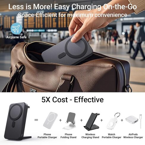 Kysson 5-in-1 Portable Charger,10000mAh Foldable Power Bank Fast Charging,MagSafe Charger Battery Pack Magnetic,Travel Wireless Charging Station for iPhone 17/16/15/14/13/12,iWatch,Air pods, Black in Kuwait
