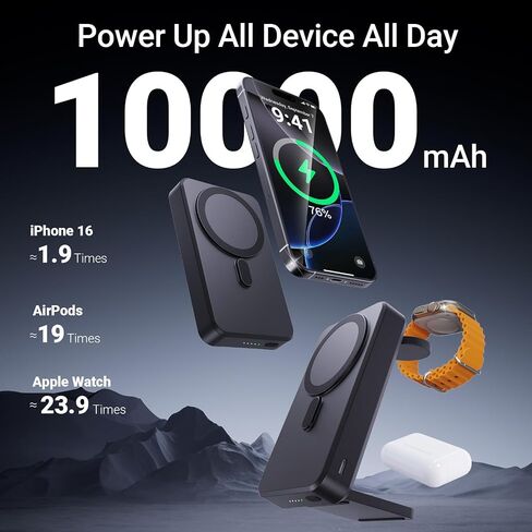 Kysson 5-in-1 Portable Charger,10000mAh Foldable Power Bank Fast Charging,MagSafe Charger Battery Pack Magnetic,Travel Wireless Charging Station for iPhone 17/16/15/14/13/12,iWatch,Air pods, Black in Kuwait