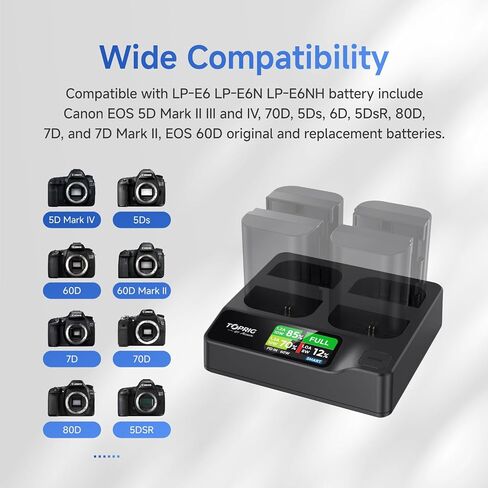 toprig Accsoon 4-Bay PD Fast Charger LCD Display, Compatible with Canon LP-E6 LP-E6P LP-E6N LP-E6NH, EOS 5D Mark II III IV, 70D, 5Ds, 6D, 80D, 7D, 7D Mark II, EOS60D Battery-LP-E6 Battery Charger in Kuwait