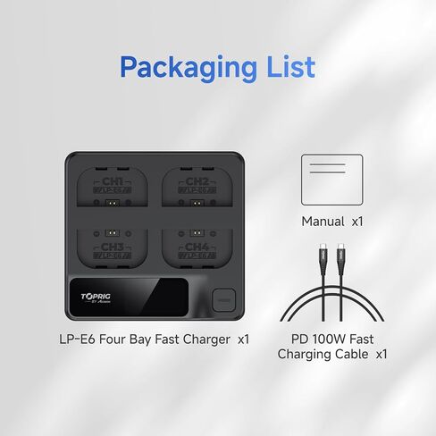 toprig Accsoon 4-Bay PD Fast Charger LCD Display, Compatible with Canon LP-E6 LP-E6P LP-E6N LP-E6NH, EOS 5D Mark II III IV, 70D, 5Ds, 6D, 80D, 7D, 7D Mark II, EOS60D Battery-LP-E6 Battery Charger in Kuwait