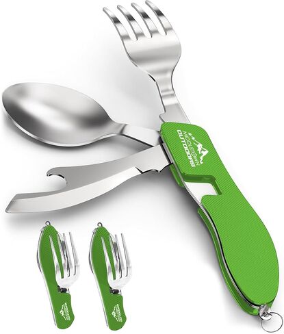 2Pcs Camping Flatware Foldable Utensils Detachable Portable and Versatile Stainless Steel Knife Fork Spoon and Bottle Opener Compact Outdoors Cutlery Pocket Knife Style - 2/pk (Green) in Kuwait