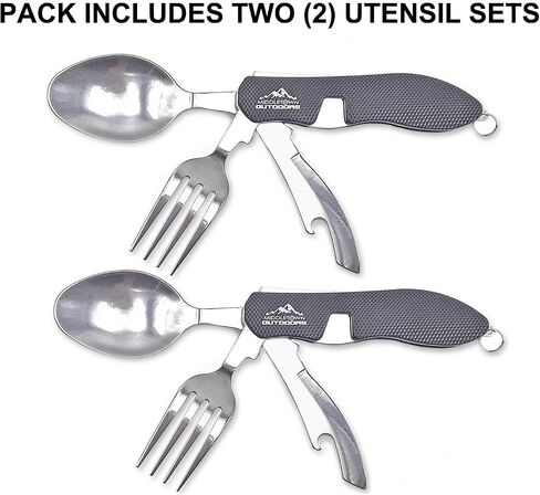 2Pcs Camping Flatware Foldable Utensils Detachable Portable and Versatile Stainless Steel Knife Fork Spoon and Bottle Opener Compact Outdoors Cutlery Pocket Knife Style - 2/pk (Green) in Kuwait