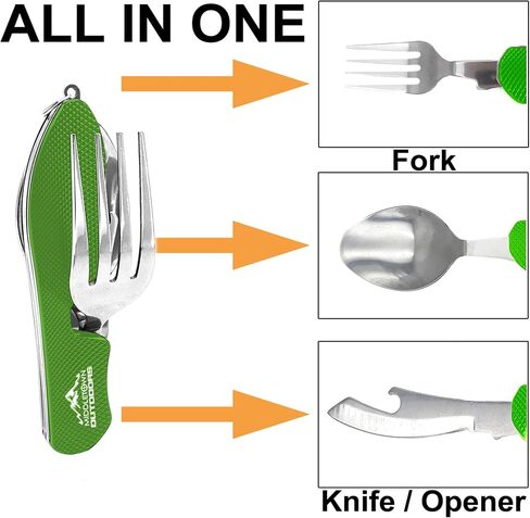 2Pcs Camping Flatware Foldable Utensils Detachable Portable and Versatile Stainless Steel Knife Fork Spoon and Bottle Opener Compact Outdoors Cutlery Pocket Knife Style - 2/pk (Green) in Kuwait