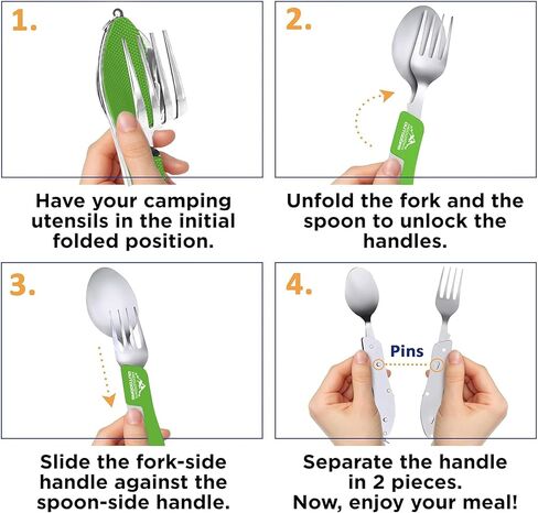 2Pcs Camping Flatware Foldable Utensils Detachable Portable and Versatile Stainless Steel Knife Fork Spoon and Bottle Opener Compact Outdoors Cutlery Pocket Knife Style - 2/pk (Green) in Kuwait