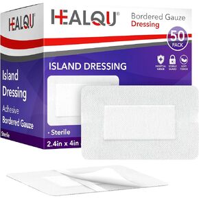 HEALQU Bordered Gauze Island Dressing - 50 Count, 2.4"x4" Sterile Individually Wrapped Gauze Pads with Water-Resistant, Non-Woven Backing - Soft and Breathable Wound Dressing for First Aid & Medical in Saudi Arabia