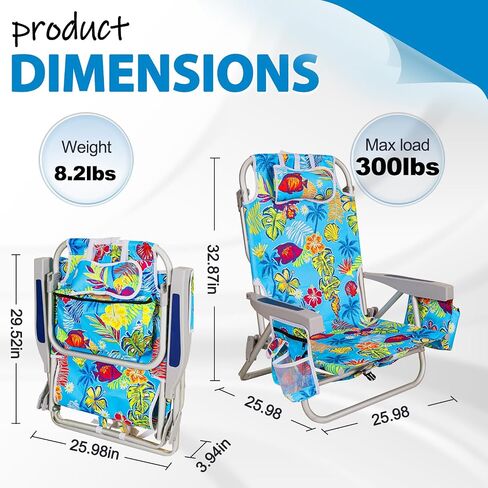 2 Pack Aluminum Backpack Beach Chairs for Adults, 5-Position Lay Flat Folding Camping Chairs with Cooler Bag, Cup & Phone Holder, Towel Bar, Lightweight Portable Outdoor Chairs,Tropical Print in Kuwait