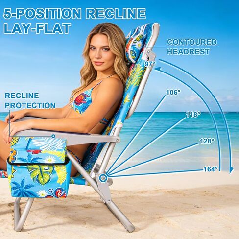 2 Pack Aluminum Backpack Beach Chairs for Adults, 5-Position Lay Flat Folding Camping Chairs with Cooler Bag, Cup & Phone Holder, Towel Bar, Lightweight Portable Outdoor Chairs,Tropical Print in Kuwait