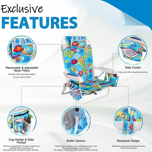2 Pack Aluminum Backpack Beach Chairs for Adults, 5-Position Lay Flat Folding Camping Chairs with Cooler Bag, Cup & Phone Holder, Towel Bar, Lightweight Portable Outdoor Chairs,Tropical Print in Kuwait