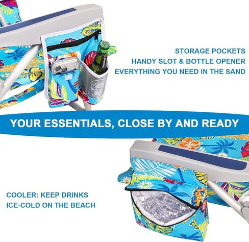 2 Pack Aluminum Backpack Beach Chairs for Adults, 5-Position Lay Flat Folding Camping Chairs with Cooler Bag, Cup & Phone Holder, Towel Bar, Lightweight Portable Outdoor Chairs,Tropical Print in Kuwait