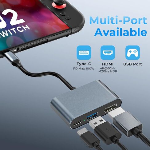 Switch 2 Portable USB-C Dock (without Ethernet port), supports 4K@120Hz/PD 100W/USB ports, includes 20V/3A power adapter and HDMI cable, compatible with Switch/Steam Deck/ROG Xbox Ally X/Legion Go 1/2 in Kuwait