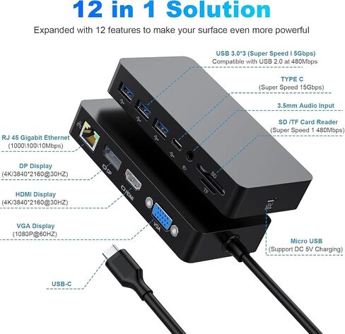 Surface Thunderbolt 4 Docking Station, Triple Display via HDMI, VGA & DP with Power Adapter, Surface Dock Compatible with Surface Pro 12/11/10/9/8/X/7 & Surface Laptop 5/4/3, Surface Go, Studio in Kuwait