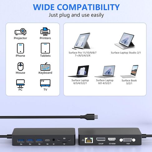 Surface Thunderbolt 4 Docking Station, Triple Display via HDMI, VGA & DP with Power Adapter, Surface Dock Compatible with Surface Pro 12/11/10/9/8/X/7 & Surface Laptop 5/4/3, Surface Go, Studio in Kuwait
