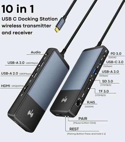 10-in-1 USB C Laptop Docking Station Dual Monitor, 4K Wireless HDMI Transmitter & Receiver, 5Gbps USB-C/A,100W PD, SD/TF, Ethernet, USBC Hub Multiport Adapter Dongle for Mac Dell HP(0.99FT) in Kuwait