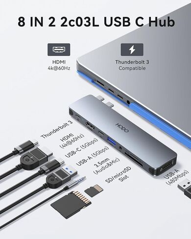 USB C Adapter Hub for MacBook Pro Air 2025-2018, Mac Adapter Multiport for MacBook 13" 15" 16", Mac Accessories Hub 8 in 2 with HDMI Thunderbolt 3 USB-C USB 3.0 2.0 SD/TF Card Reader in Kuwait
