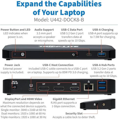 Tripp Lite Triple Monitor USB-C Dock Universal Laptop Docking Station Hub, HD 4K @ 60Hz HDMI & 2X DisplayPort, Windows & Mac Compatible, USB-C & 3X USB 3.2 Ports, 3-Year Warranty (U442-DOCK8-B) in Kuwait