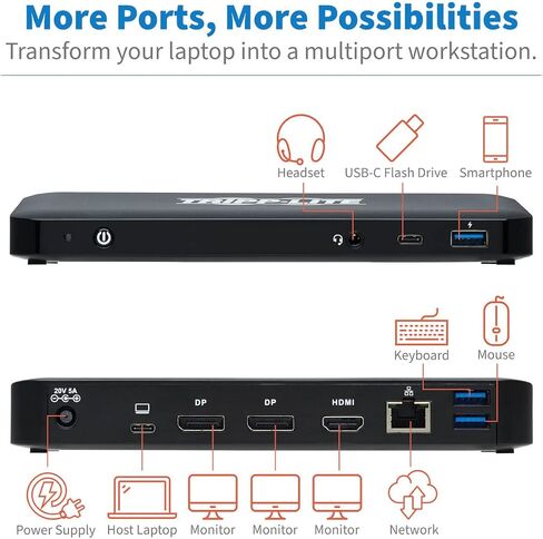 Tripp Lite Triple Monitor USB-C Dock Universal Laptop Docking Station Hub, HD 4K @ 60Hz HDMI & 2X DisplayPort, Windows & Mac Compatible, USB-C & 3X USB 3.2 Ports, 3-Year Warranty (U442-DOCK8-B) in Kuwait