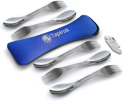 Tapirus - 5 Spork Of Steel Utensils Set - 8-inch Long Durable & Rust Proof Stainless Steel Spoon, Fork & Knife Flatware - For Camping, Fishing, & Hunting - With Bottle Opener & Carrying Case in Kuwait