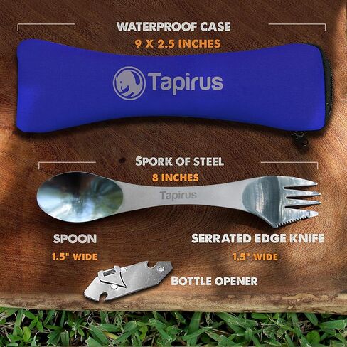 Tapirus - 5 Spork Of Steel Utensils Set - 8-inch Long Durable & Rust Proof Stainless Steel Spoon, Fork & Knife Flatware - For Camping, Fishing, & Hunting - With Bottle Opener & Carrying Case in Kuwait