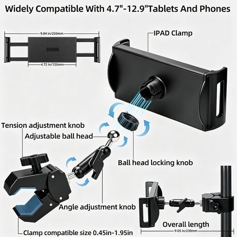 Adjustable Tablet Mount, 360° Rotating iPad Holder for Treadmill Spin Bike Stroller Wheelchair Golf Cart, Pole Clamp Mount for 4.7"-12.9" Tablets Phones in Kuwait