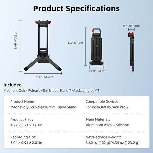 BRDRC X6 Magnetic Quick Release Tripod Stand, Aluminum Alloy Mini Table Mount for Insta360 X5/Ace Pro 2, 180° Adjustable Desktop Holder with 1/4" Screw Adapter, Arca-Swiss & Foldable Hook Accessories in Kuwait