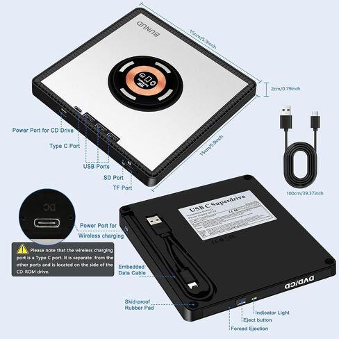 BUNUD External CD/DVD Drive for Laptop with Wireless Charger, Plug & Play in Saudi Arabia